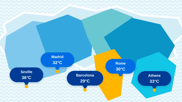 Illustrated map of southern Europe showing Seville at 36°C with the Giralda tower, Madrid at 32°C with the Puerta de Alcalá, Barcelona at 29°C with the Sagrada Família, Rome at 30°C with the Colosseum, and Athens at 33°C with the Parthenon.